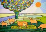 Zonnig fantasielandschap met schapen en lammeren in de wei 1