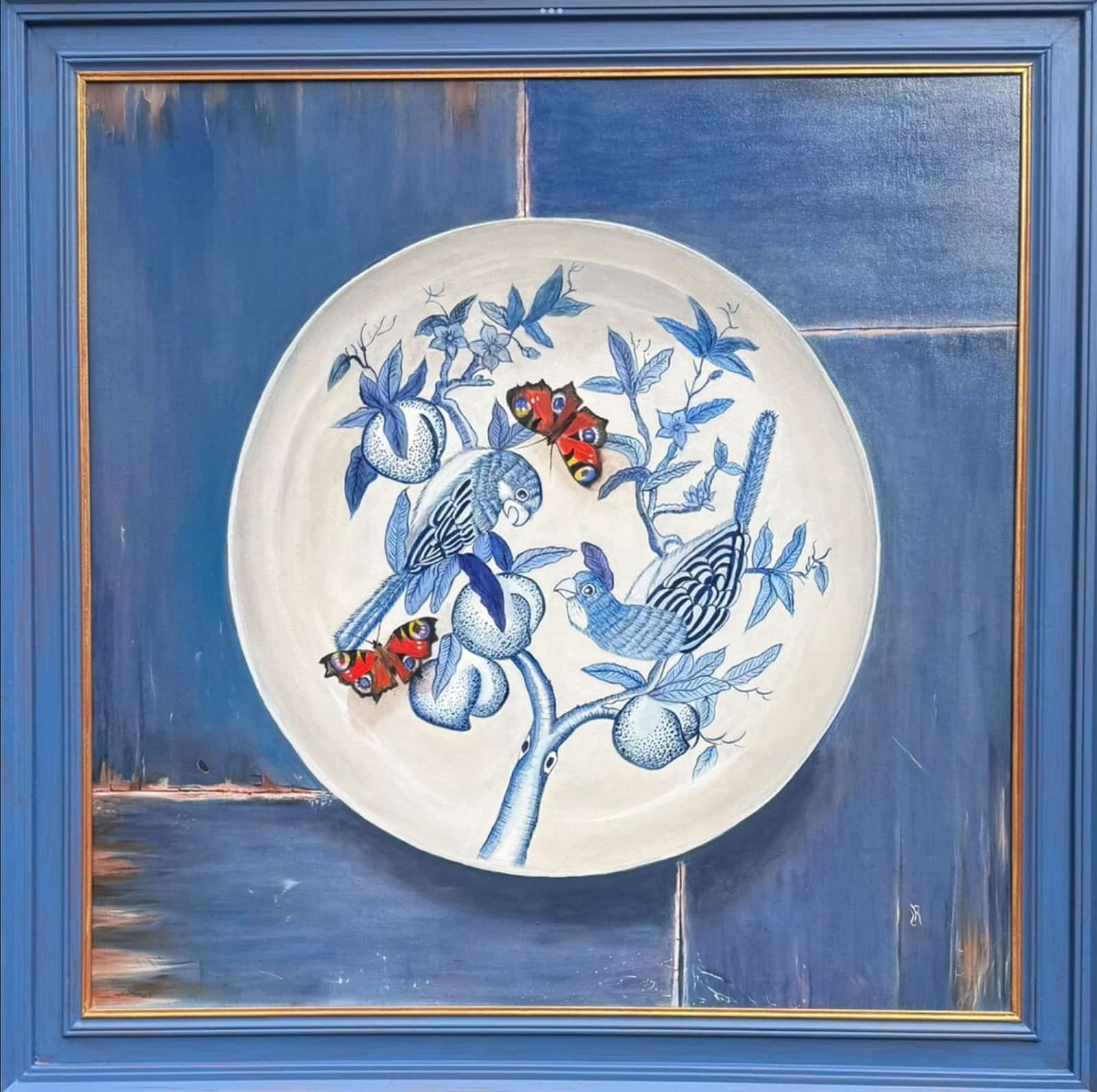 Twee Delftsblauwe papegaaien